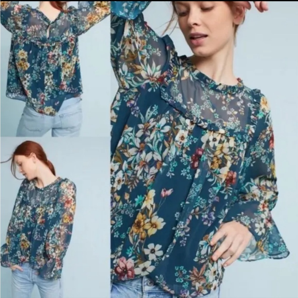 Anthropologie eri + ali Velma Floral Ruffle Top - Size Small